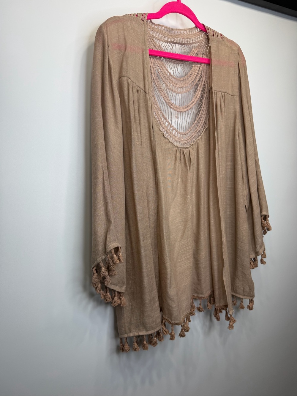 Do Everything In Love Mocha Boho Crochet Back Tassel Kimono Cardigan - Picture 4 of 11